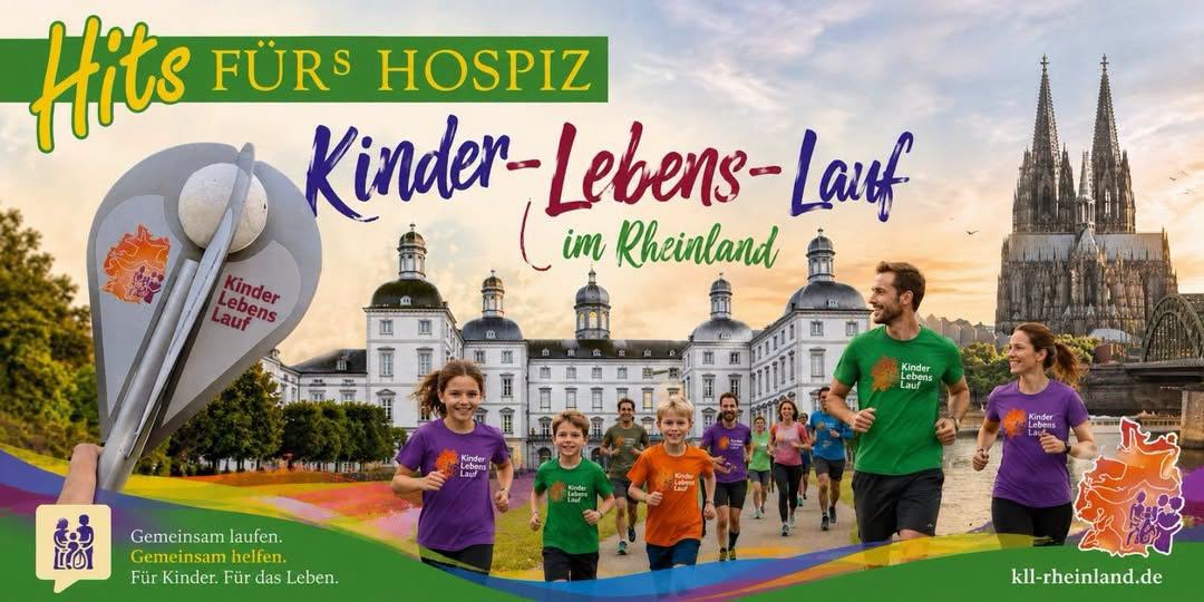 Kinder-Lebens-Lauf im Rheinland – Hits fürs Hospiz. Läuferinnen und Läufer vor Schloss Bensberg und dem Kölner Dom.